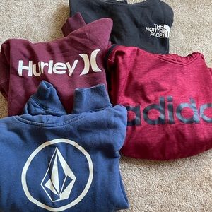 Lot of 4 boys large hoodies adidas/north face/Hurley/volcom